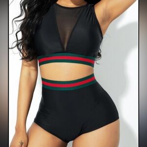 Black High-Waisted Bikini with Red and Green Stripes